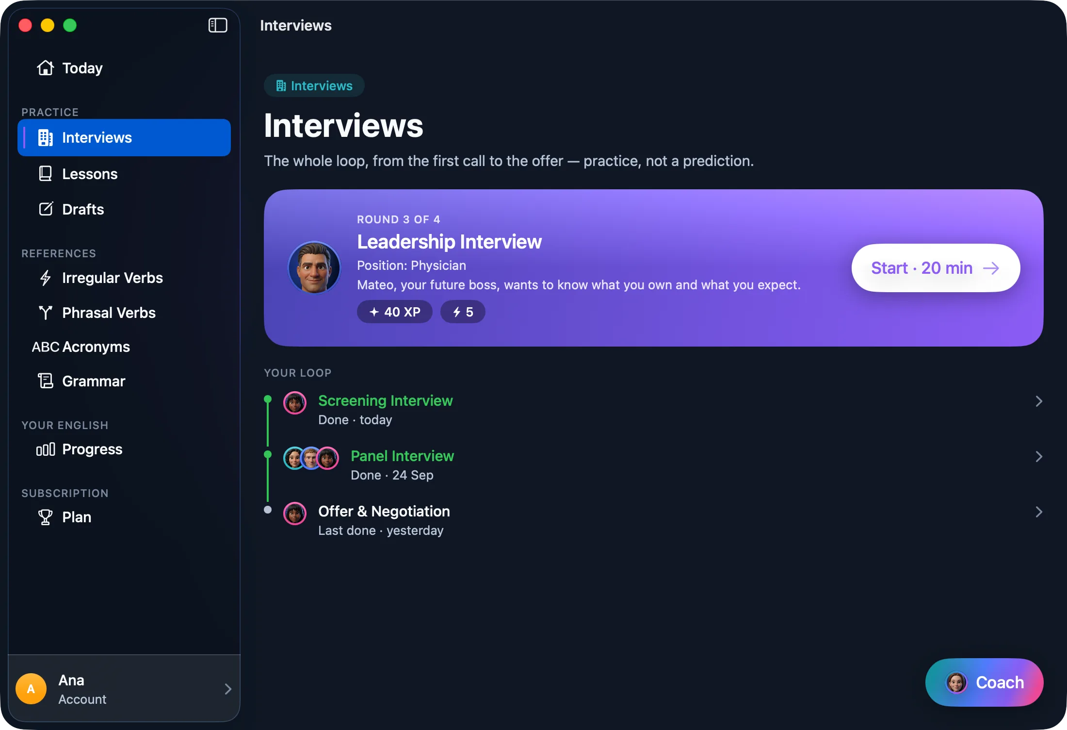 The Interviews loop in Sayble on macOS — the next round and who runs it up front